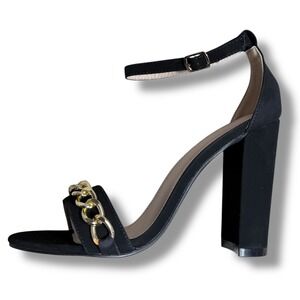 NIB Glaze Black Suede Gold Chain Ankle Strap Block Heel Sandals Women's Size 5.5